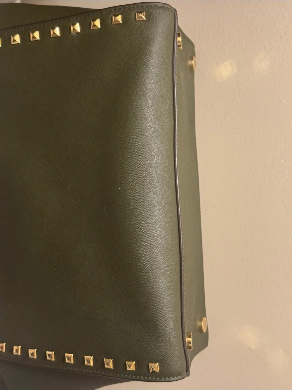 PRE-LOVED Michael Kors Olive Green Large Saffiano Leather Stud Satchel